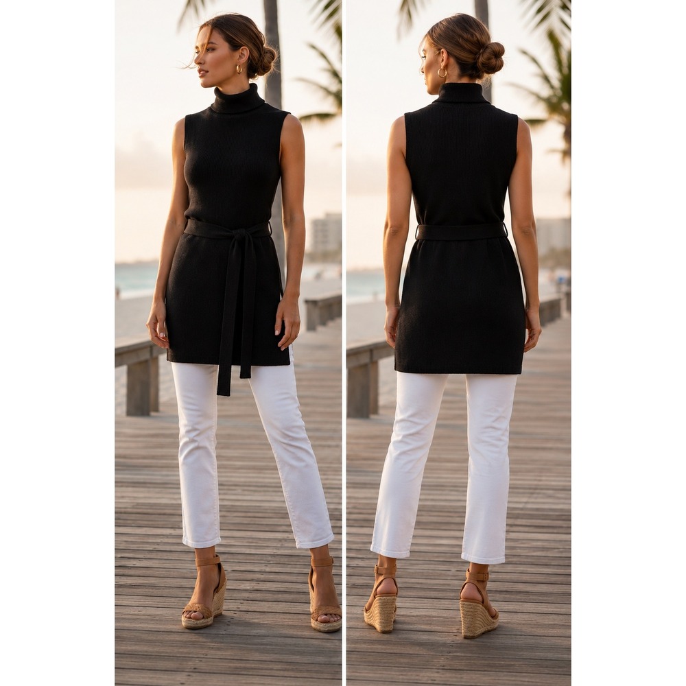 VINCE Black Wool Cashmere Belted Sleeveless‎ Turtleneck Sweater S NWOT $425